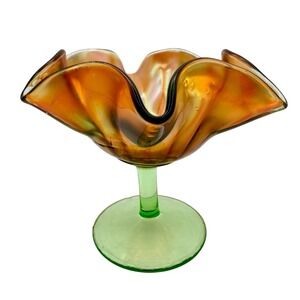 FENTON Marigold Carnival Glass Amber Iridescent Pedestal Compote Bowl Ruffle VTG
